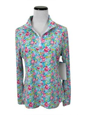 Gottex Athletic Lightweight 1/4 Zip Long Sleeve Top Sz L Flower Pond Activewear